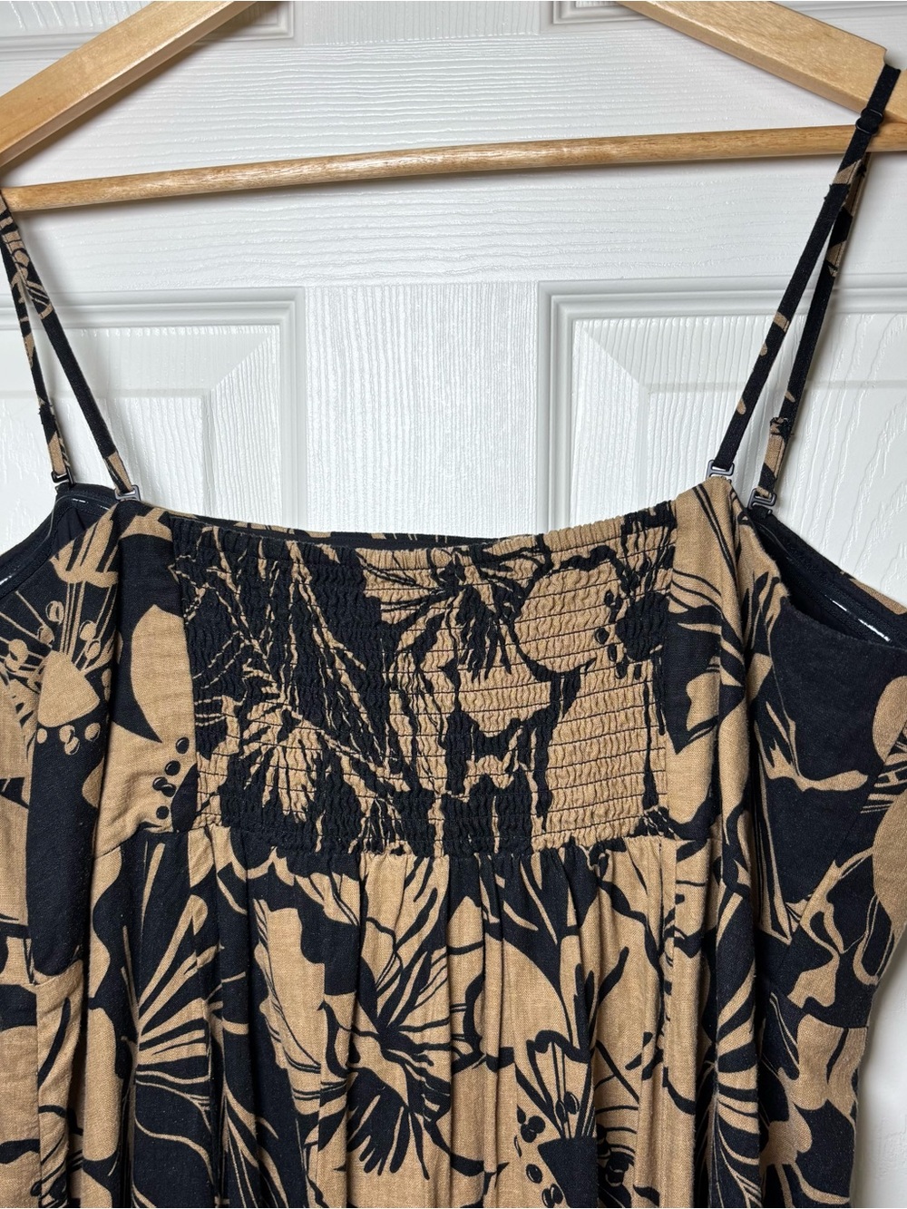 GAP Linen Blend Midi Empire Dress XL Black Brown Floral Smocked Cottagecore - Picture 4 of 9